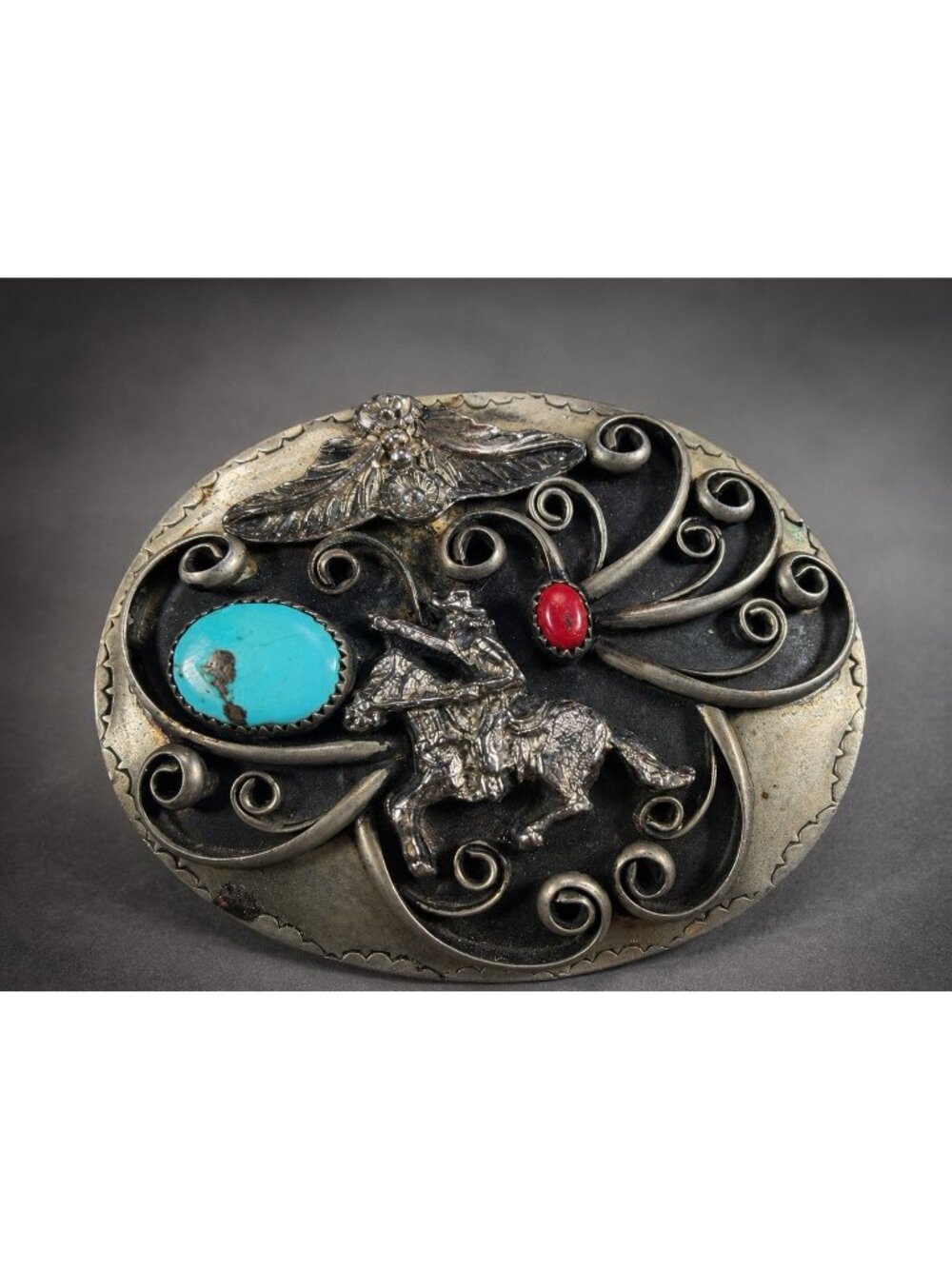 Handmade Nickel Western Belt Buckle Turquoise Coral Horse Cowboy Southwest 3”